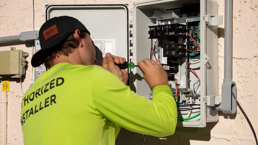 Technician working on breakers inside an electrical panel